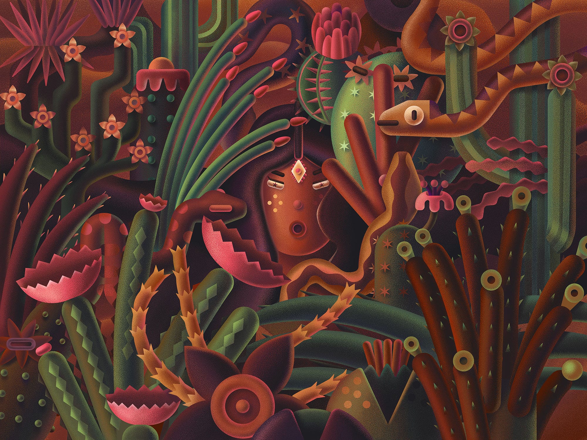 a woman's face is surrounded by a abundance of vegetation.