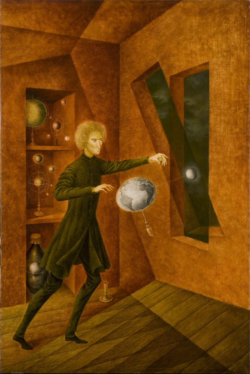 A blonde frizzy-haired man stands in the corner of an orange-walled room with wooden floors. He is facing a window and a greenish-gray sky looms outside. He is lifting his hands to his chest in a spinning motion circling the earth as it turns in orbit with the moon hanging above. In the background are various models of globes sitting on a shelf.